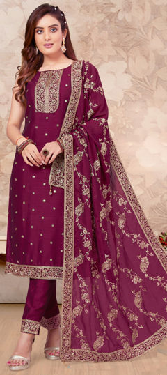 Purple and Violet color Salwar Kameez in Silk fabric with Embroidered, Sequence, Thread work