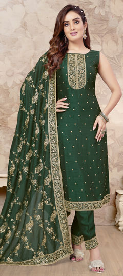 Green color Salwar Kameez in Silk fabric with Embroidered, Sequence, Thread work