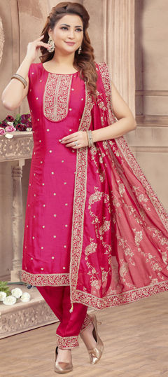 Pink and Majenta color Salwar Kameez in Silk fabric with Embroidered, Sequence, Thread work