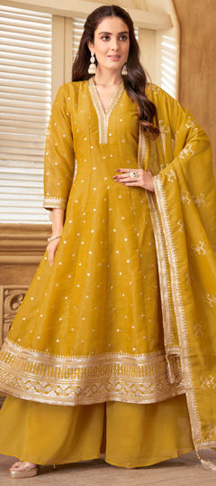 Yellow color Salwar Kameez in Silk fabric with Embroidered, Sequence, Thread work