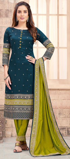 Blue color Salwar Kameez in Silk fabric with Embroidered, Sequence, Thread work