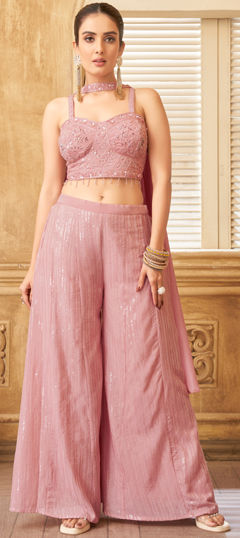 Pink and Majenta color Salwar Kameez in Silk fabric with Bugle Beads, Cut Dana, Sequence work