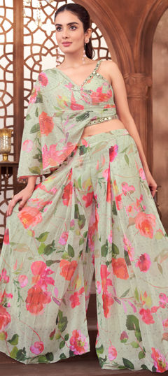 Green color Salwar Kameez in Georgette fabric with Floral, Mirror, Printed, Sequence, Thread work