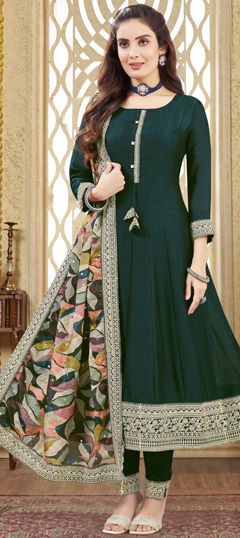 Green color Salwar Kameez in Silk fabric with Embroidered, Thread work