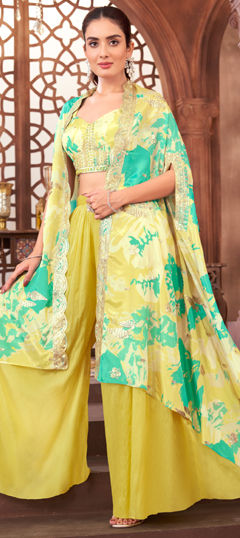 Yellow color Salwar Kameez in Georgette fabric with Bugle Beads, Cut Dana, Sequence work