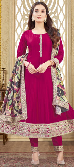 Pink and Majenta color Salwar Kameez in Silk fabric with Embroidered, Thread work