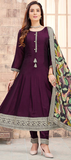 Purple and Violet color Salwar Kameez in Silk fabric with Embroidered, Thread work