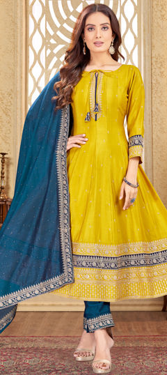 Yellow color Salwar Kameez in Silk fabric with Embroidered, Sequence, Thread work