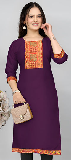 Purple and Violet color Kurti in Cotton fabric with Lace work