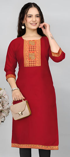 Red and Maroon color Kurti in Cotton fabric with Lace work