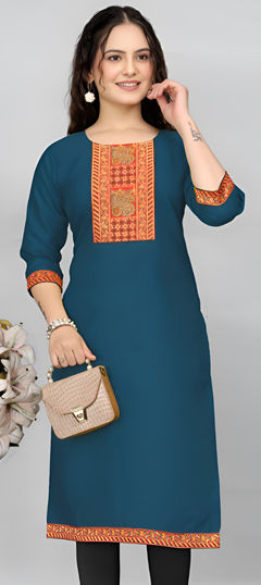 Blue color Kurti in Cotton fabric with Lace work