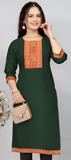 Green color Kurti in Cotton fabric with Lace work