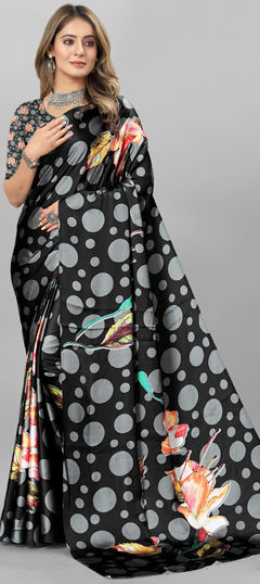 Black and Grey color Saree in Crepe Silk fabric with Digital Print, Floral work