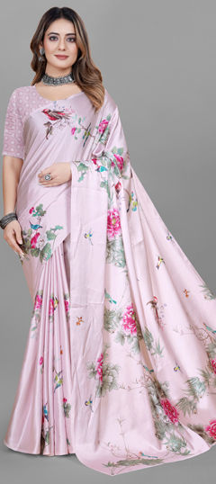 Pink and Majenta color Saree in Crepe Silk fabric with Digital Print, Floral work