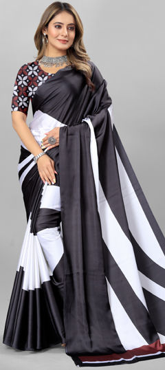 Black and Grey, White and Off White color Saree in Crepe Silk fabric with Digital Print work