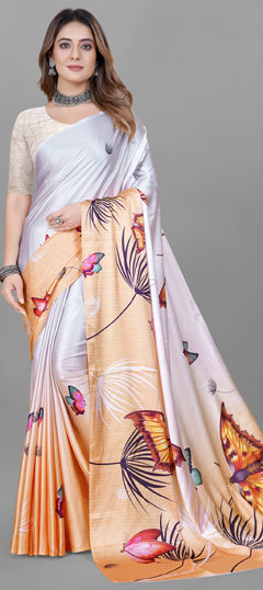 Beige and Brown, White and Off White color Saree in Crepe Silk fabric with Digital Print work