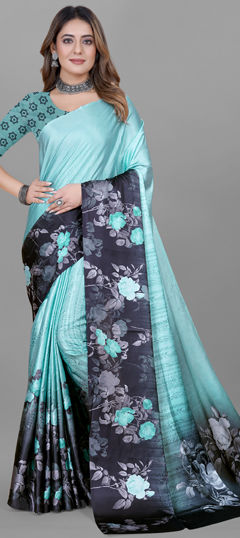 Black and Grey, Blue color Saree in Crepe Silk fabric with Digital Print, Floral work