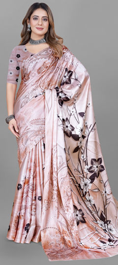 Beige and Brown color Saree in Crepe Silk fabric with Digital Print, Floral work