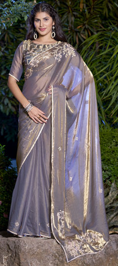 Black and Grey color Saree in Silk fabric with Zircon work