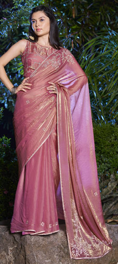 Pink and Majenta color Saree in Silk fabric with Zircon work