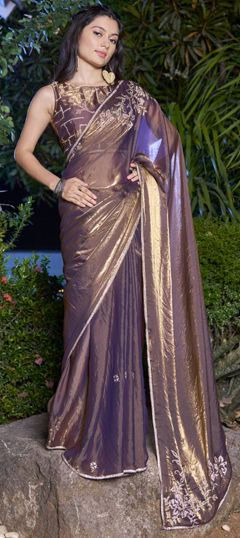 Purple and Violet color Saree in Silk fabric with Zircon work