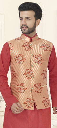 Orange color Nehru Jacket in Art Silk, Brocade fabric with Printed work