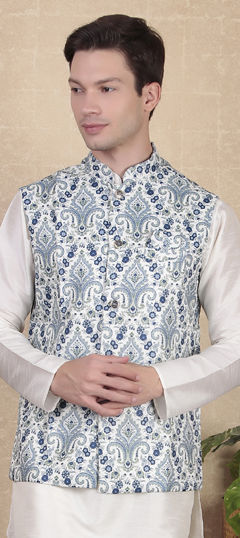 Blue color Nehru Jacket in Cotton fabric with Digital Print work