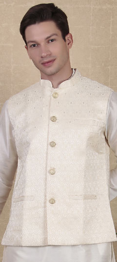 White and Off White color Nehru Jacket in Cotton fabric with Digital Print work