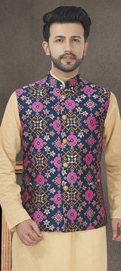 Blue color Nehru Jacket in Jacquard fabric with Printed work