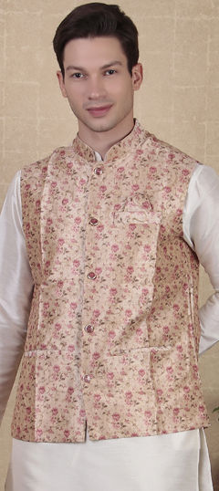 Beige and Brown color Nehru Jacket in Cotton fabric with Digital Print work