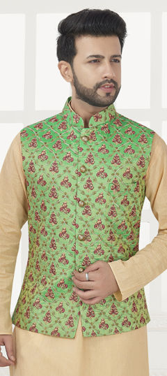 Green color Nehru Jacket in Art Silk fabric with Printed work