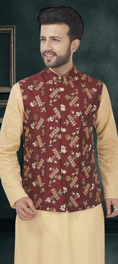 Red and Maroon color Nehru Jacket in Banarasi Silk fabric with Printed work