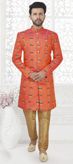 Orange color IndoWestern Dress in Art Silk fabric with Embroidered, Sequence, Thread work