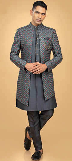 Black and Grey color IndoWestern Dress in Art Silk fabric with Embroidered, Sequence, Thread work