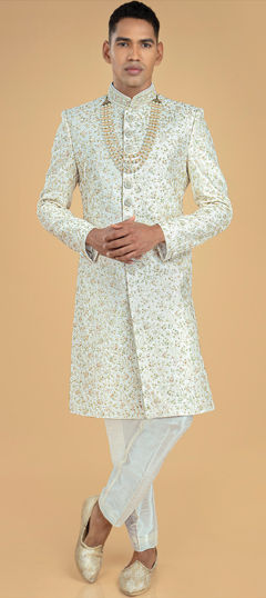 White and Off White color Sherwani in Art Silk fabric with Embroidered, Sequence, Stone, Thread work