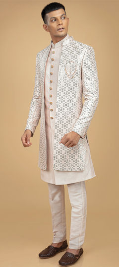 Pink and Majenta color IndoWestern Dress in Art Silk fabric with Embroidered, Sequence, Thread work