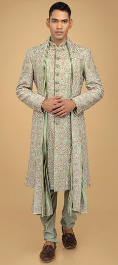 Green color Sherwani in Art Silk fabric with Embroidered, Sequence, Thread work