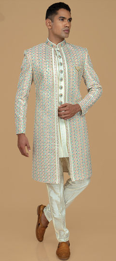 White and Off White color IndoWestern Dress in Art Silk fabric with Embroidered, Sequence, Thread work