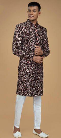 Black and Grey color Sherwani in Art Silk fabric with Embroidered, Sequence, Thread work