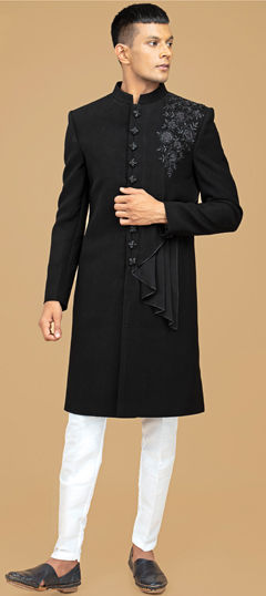 Black and Grey color Sherwani in Art Silk fabric with Bugle Beads, Cut Dana work