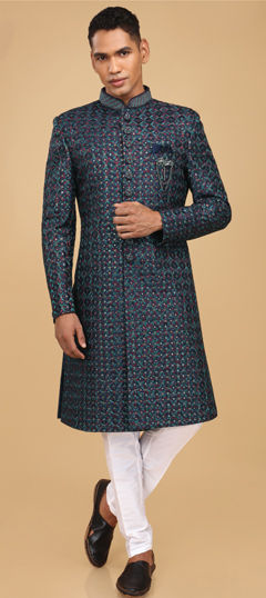 Blue color Sherwani in Art Silk fabric with Broches, Embroidered, Sequence, Thread work