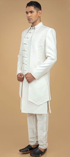 White and Off White color IndoWestern Dress in Art Silk fabric with Bugle Beads work