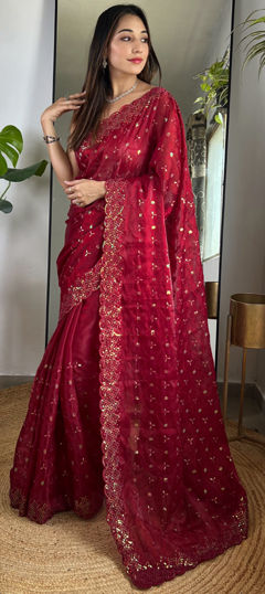 Red and Maroon color Saree in Art Silk fabric with Embroidered, Sequence, Thread work