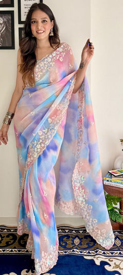 Multicolor color Saree in Faux Georgette fabric with Printed, Sequence work