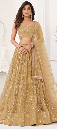 Beige and Brown color Lehenga in Net fabric with Embroidered, Mirror, Sequence, Thread work