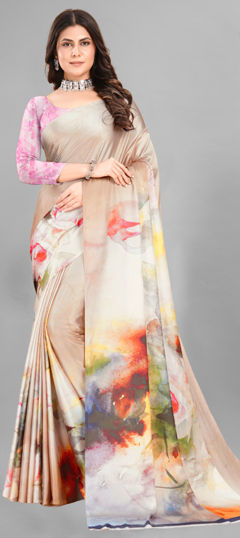 Beige and Brown color Saree in Crepe Silk fabric with Digital Print work