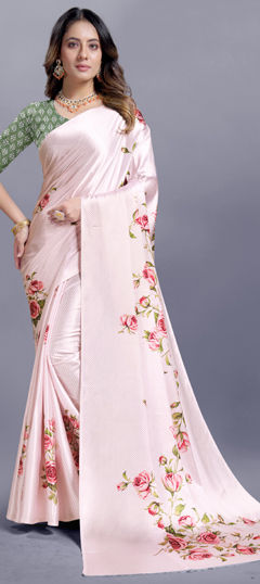 Pink and Majenta color Saree in Crepe Silk fabric with Digital Print, Floral work