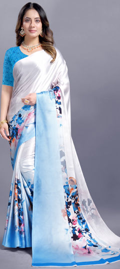 Blue, White and Off White color Saree in Crepe Silk fabric with Digital Print work