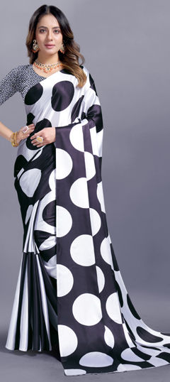 Black and Grey, White and Off White color Saree in Crepe Silk fabric with Digital Print work