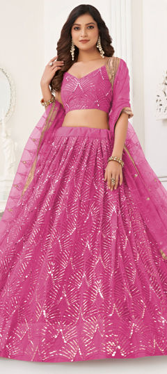 Pink and Majenta color Lehenga in Net fabric with Embroidered, Mirror, Sequence, Thread work